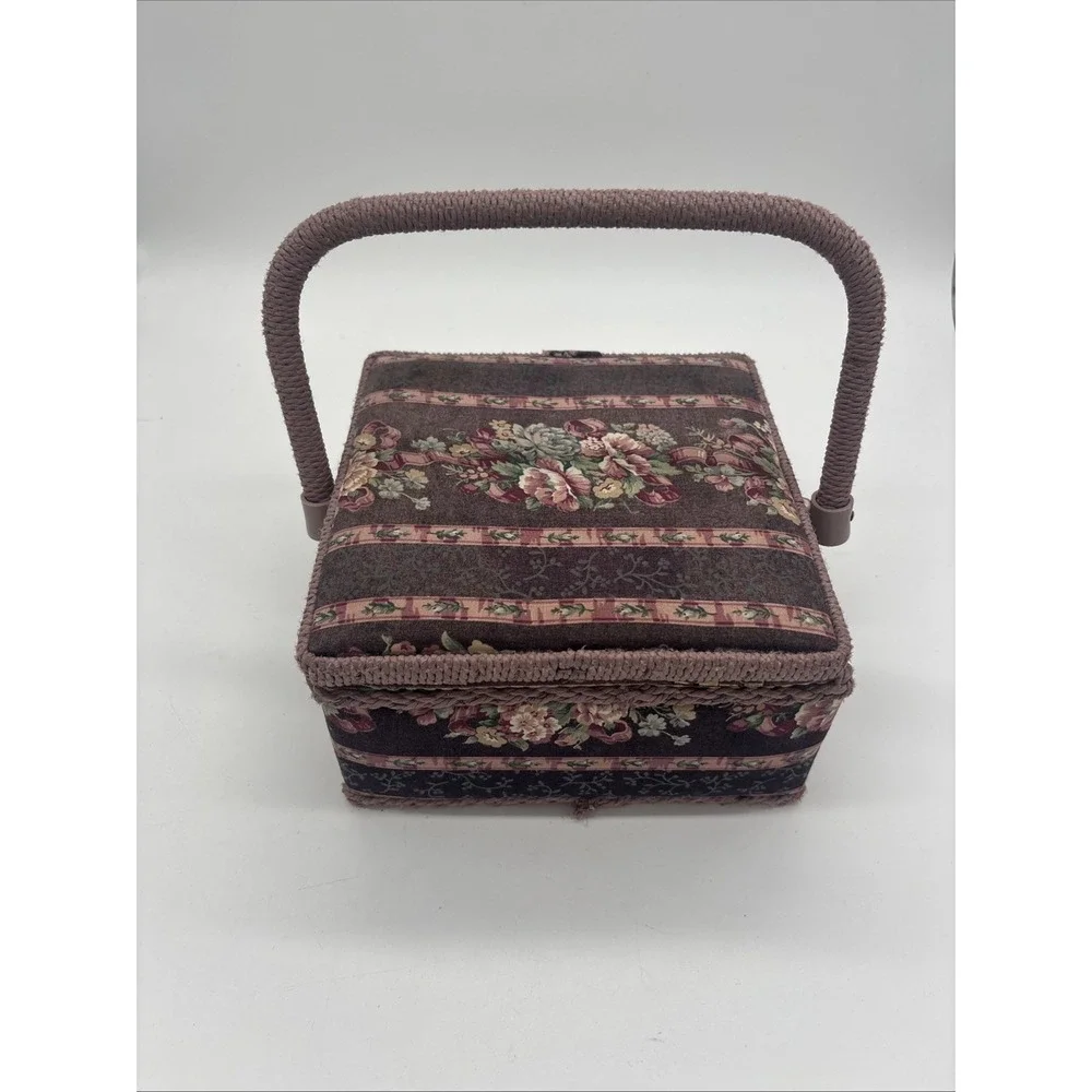 Floral Wicker Sewing Basket Box Vintage Granny Chic Pin Cushion Box